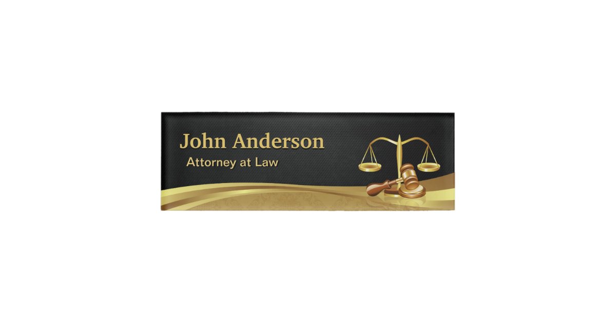 Classy Black Gold Attorney Lawyer Scale of Justice Name Tag | Zazzle