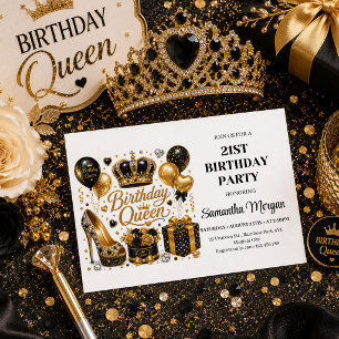 Classy Black Gold Birthday Queen Glitter Party Inv Invitation