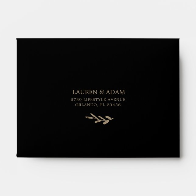 Classy Black & Gold Botanical Wedding RSVP  Envelope (Front)