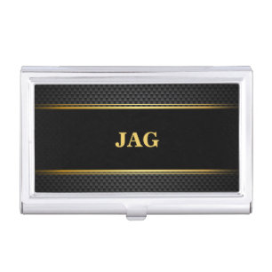 Classy Black & Gold Carbon Texture Initials Business Card Case