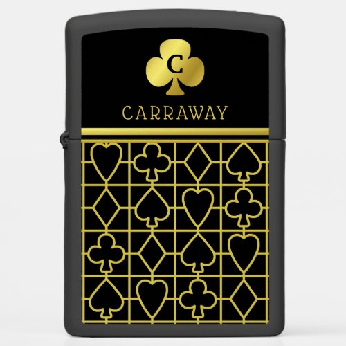 Classy Black Gold Card Suits Monogrammed Clover Zippo Lighter