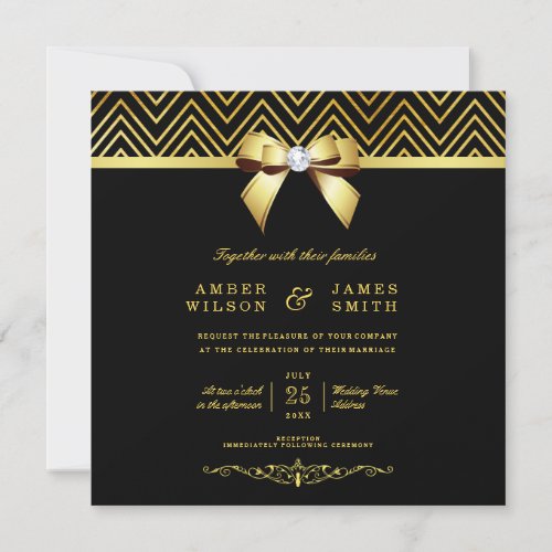 Classy Black Gold Chevrons Diamond Bow Wedding Invitation