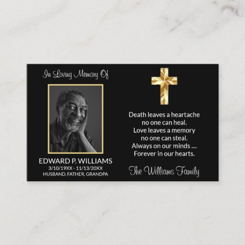 Classy Black Gold Cross Memorial Photo Prayer Card