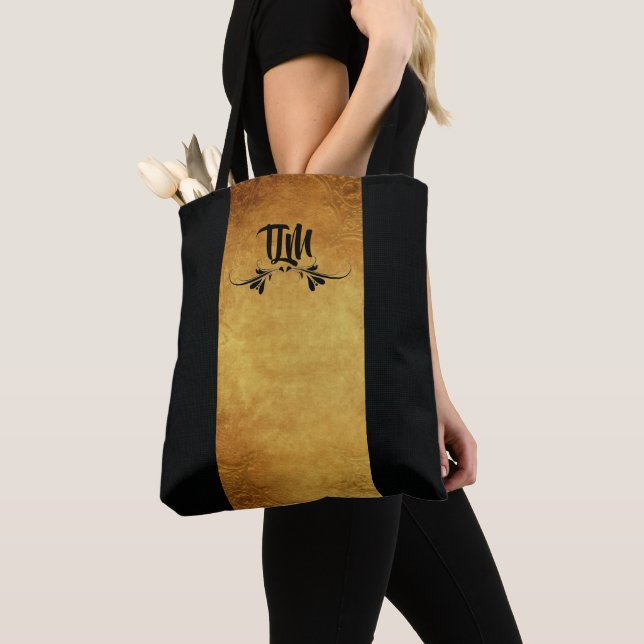 Classy Black & Gold Design Monogram Tote Bag (Close Up)