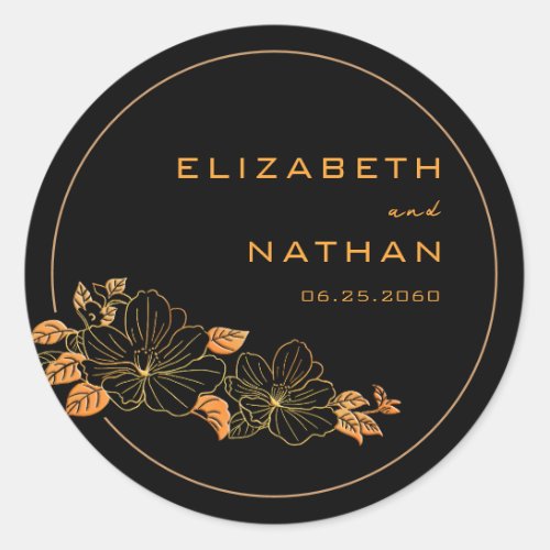 Classy Black  Gold Floral Foliage Wedding  Classic Round Sticker