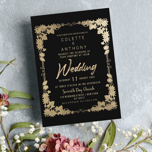 Classy black gold floral frame border Wedding Invitation