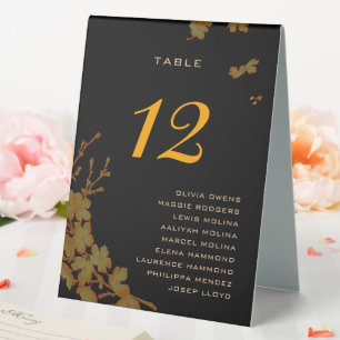 Classy Black Gold Floral Guest Names Table Number Tent