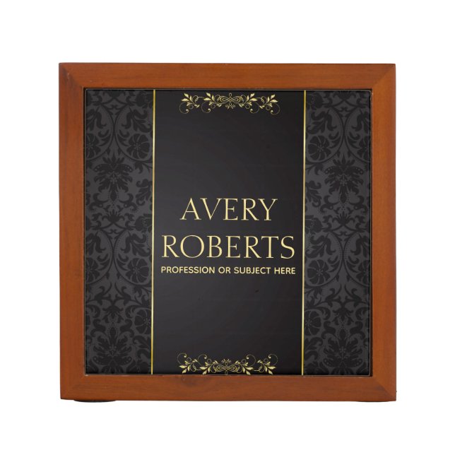 Classy black gold Floral Luxury damask Desk Organizer (Front)