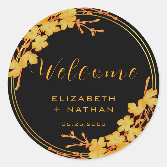 Classy Black Gold Floral Wedding Welcome Classic Round Sticker (Front)