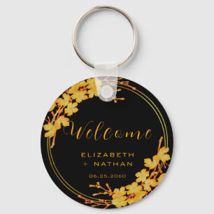 Classy Black & Gold Floral Wedding Welcome Keychain