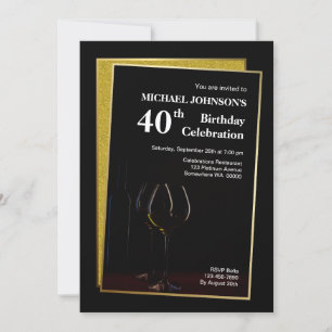 Classy Black Gold Glitter 40th Birthday Invitation