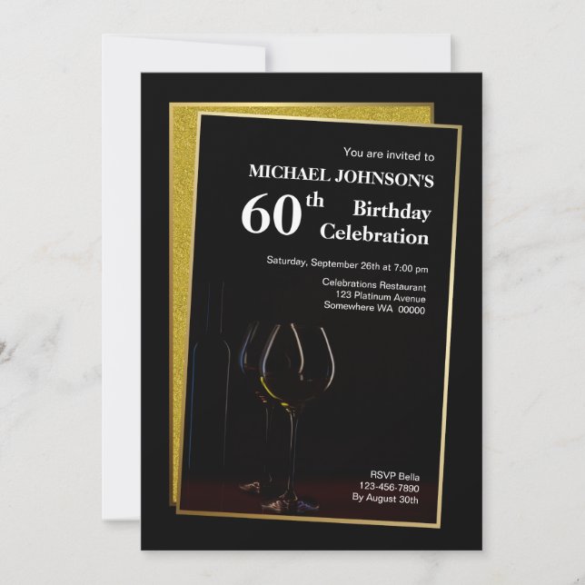 Classy Black Gold Glitter 60th Birthday Invitation (Front)