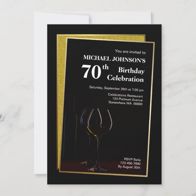 Classy Black Gold Glitter 70th Birthday Invitation (Front)