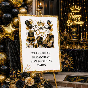 Classy Black Gold Glitter Birthday Queen Welcome  Poster