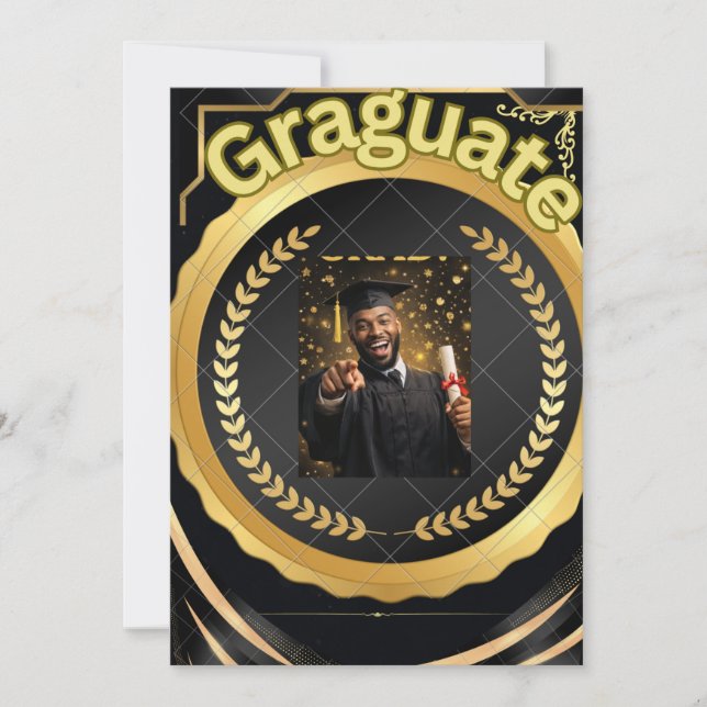 classy black gold, graduation photo template, anno invitation (Front)