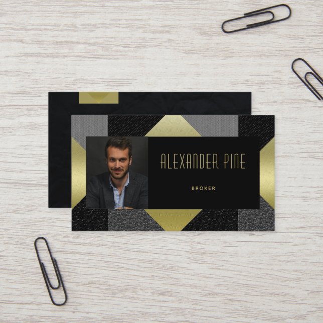 Classy Black Gold Gray Geometric Real Estate Photo Business Card (Front/Back In Situ)