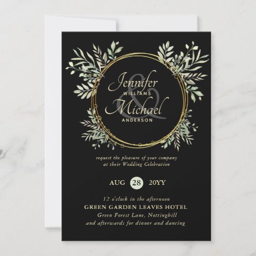 Classy Black Gold Greenery Wreath Wedding Invite
