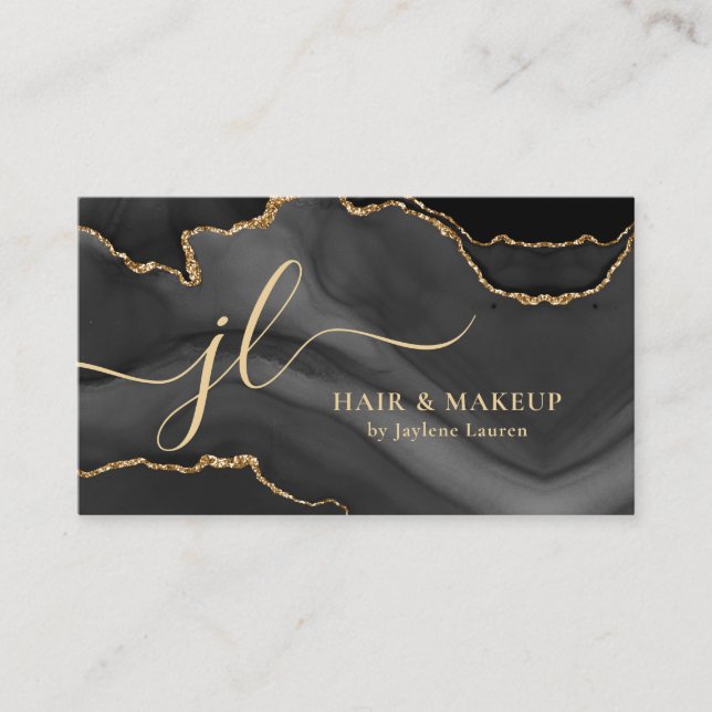 Classy Black Gold Marble Agate Monogram Script Business Card (Front)