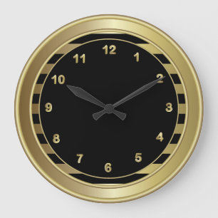 Classy Black & Gold Numbers and Stripes Large Clock