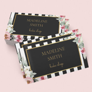 Classy Black Gold & Pink Flowers and Stripes Business Card