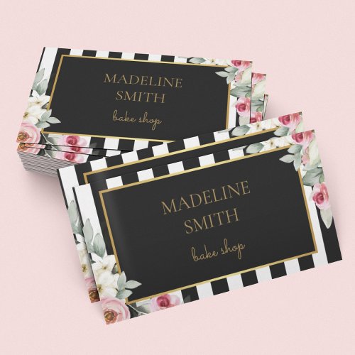 Classy Black Gold  Pink Flowers and Stripes Business Card