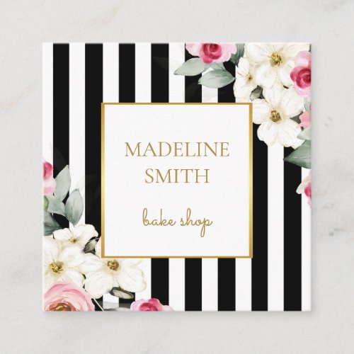 Classy Black Gold  Pink Flowers and Stripes Square Business Card