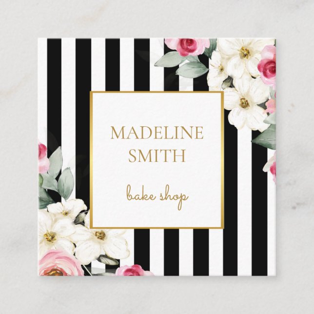 Classy Black Gold & Pink Flowers and Stripes Square Business Card (Front)