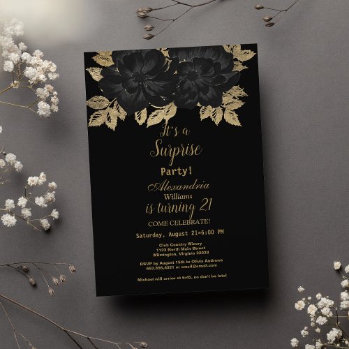 Classy black gold roses floral Surprise Party Invitation