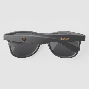 Classy Black Gold Script Monogram Name Sunglasses