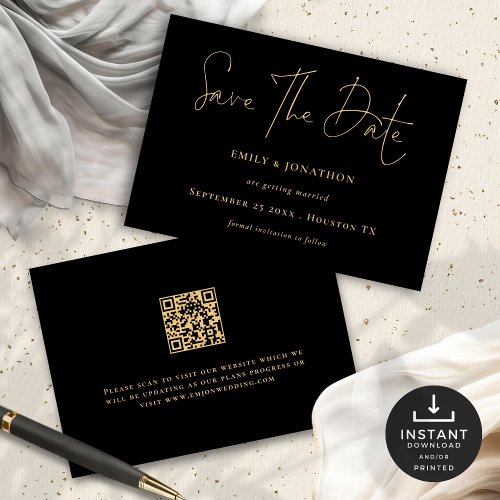 Classy Black Gold Script QR Code Wedding Save The Date