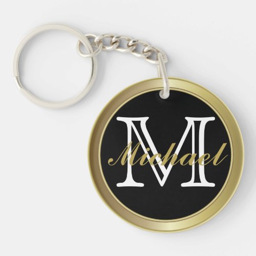 Classy Black Gold Styled Monogrammed Name Keychain