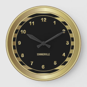 Classy Black & Gold with Stripes Large Clock