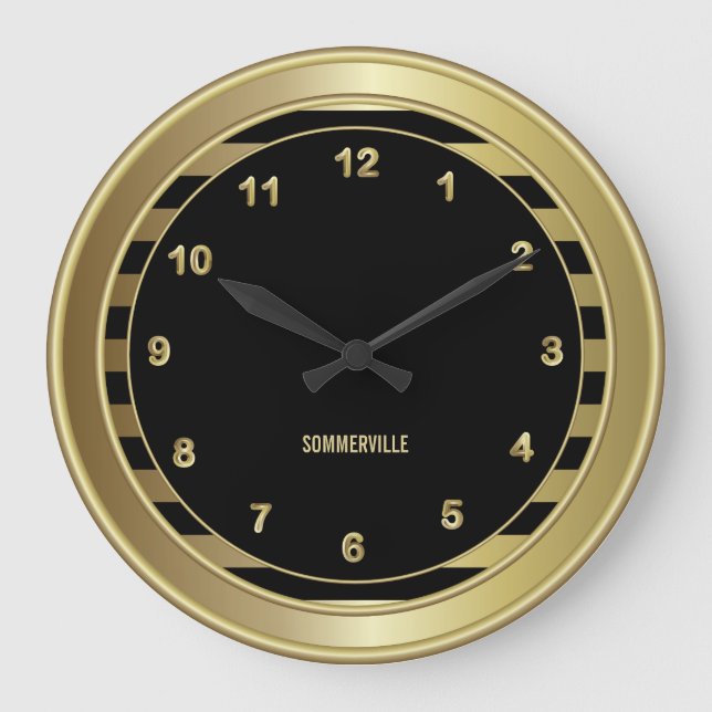 Classy Black & Gold with Stripes Large Clock (Front)