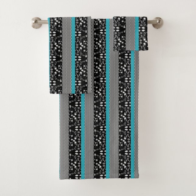 Classy Black/Gray and Aqua Towel Set (Insitu)