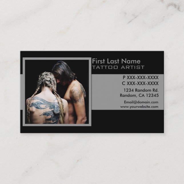 Classy black gray photo tattoo business cards (Front)