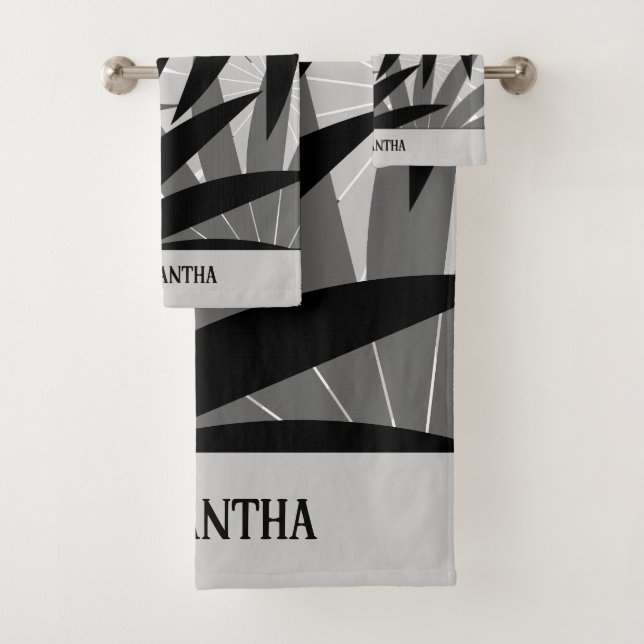 Classy Black Gray White geometric Leaves Pattern Bath Towel Set (Insitu)