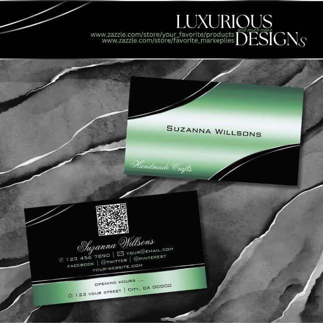 Classy Black Green Curved Decor Lines and QR Code Business Card (Creator Uploaded)