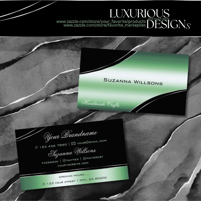 Classy Black Green Curved Decor Lines Shimmering Business Card (Creator Uploaded)