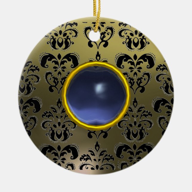 CLASSY BLACK GREY BLUE DAMASK GEM CERAMIC ORNAMENT (Front)