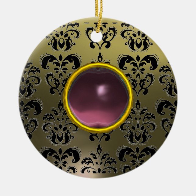 CLASSY BLACK GREY PINK PURPLE DAMASK GEM CERAMIC ORNAMENT (Front)