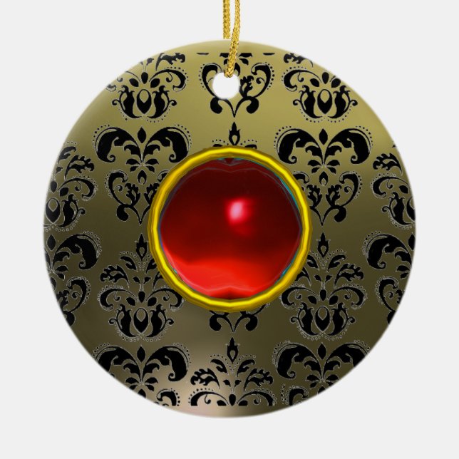 CLASSY BLACK GREY RED DAMASK  AND RUBY GEM STONE CERAMIC ORNAMENT (Front)