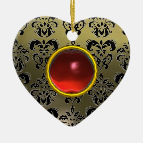 CLASSY BLACK GREY RED DAMASK  AND RUBY GEM STONE CERAMIC ORNAMENT