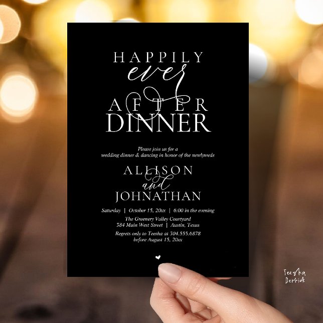 Classy Black Happily Ever After Dinner Wedding Invitation (Classy Black Happily Ever After Dinner Modern Script Wedding Invitation Card)