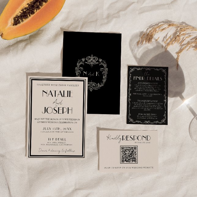 Classy  Black Ivory Old Money Luxury Retro Wedding Invitation (Creator Uploaded)