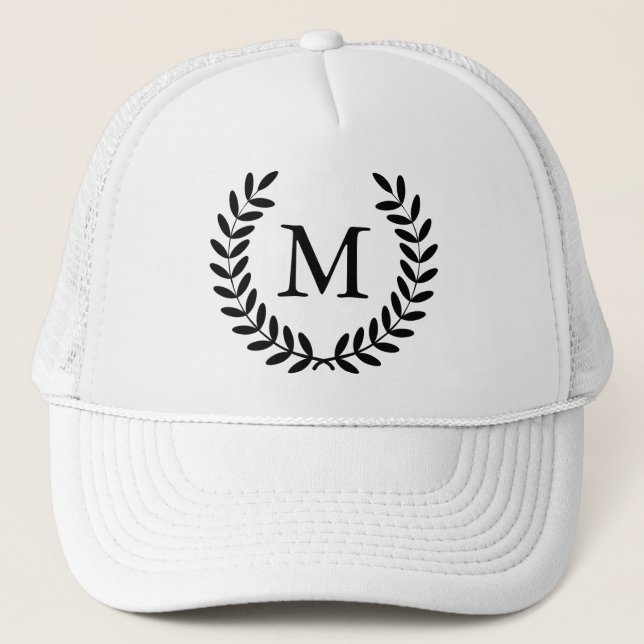 Classy Black Laurels & Monogram Letter Trucker Hat (Front)