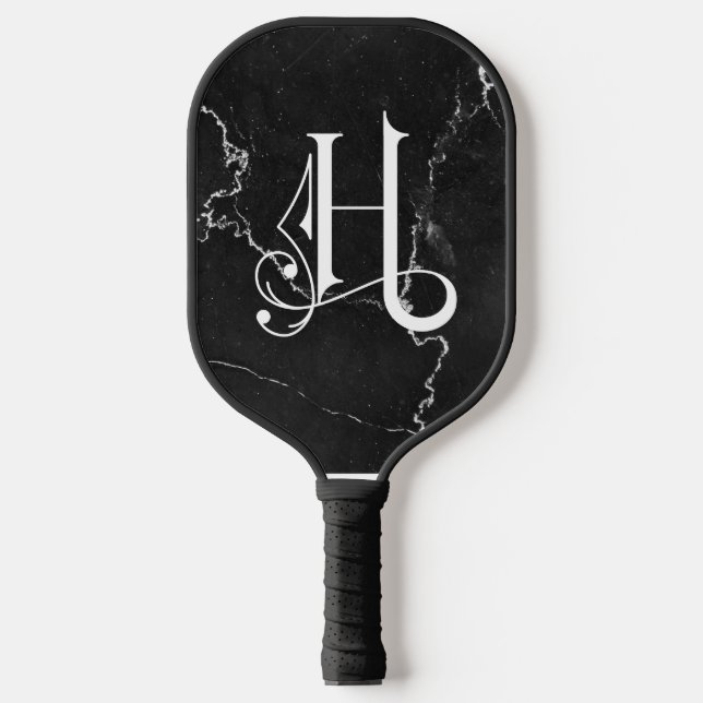 Classy Black Marble Decorative H Personalized  Pickleball Paddle (Front)