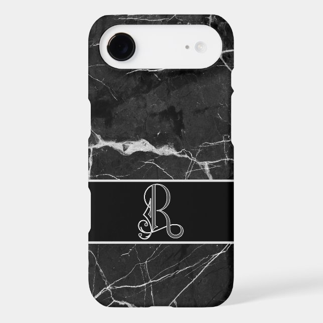 CLASSY BLACK MARBLE LOOK, MONOGRAM R IPHONE CASE (Back)