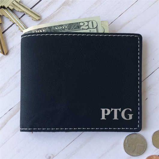 Classy Black Monogrammed Leatherette Men's Wallet (Front)