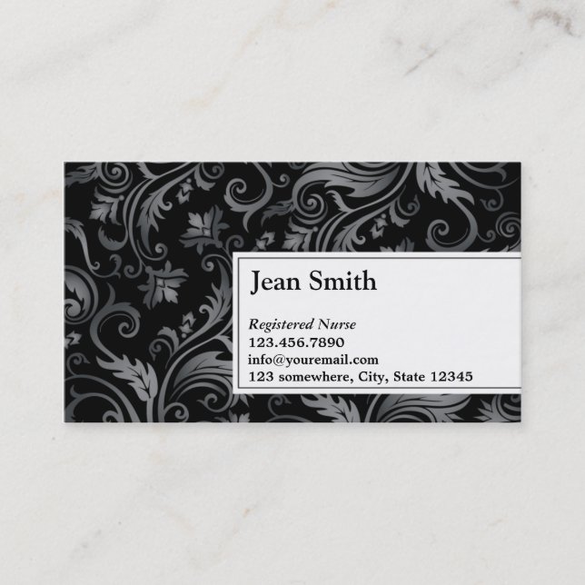 Classy Black Ornament Nurse Business Card (Front)