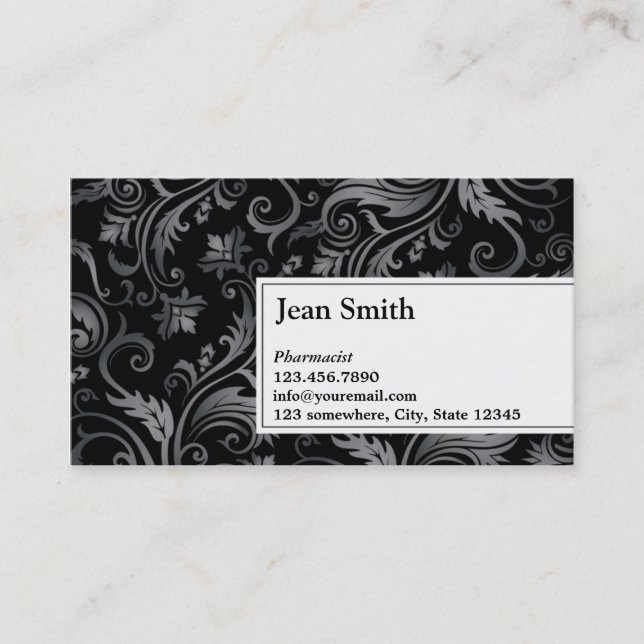 Classy Black Ornament Pharmacist Business Card (Front)
